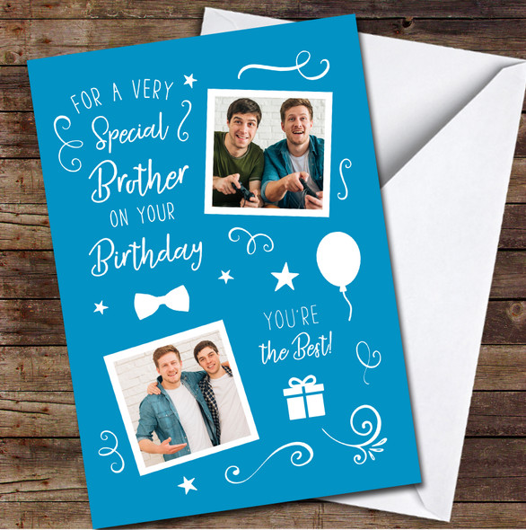 Special Brother Gift Doodle Balloon Icon Blue Photo Personalised Birthday Card