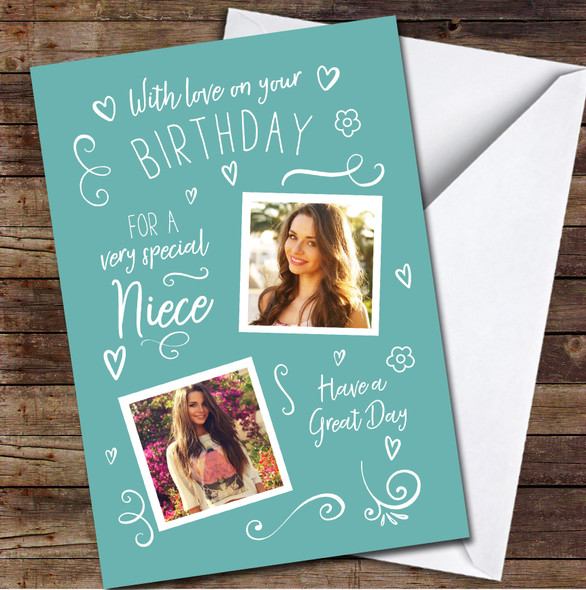 Special Niece Birthday Love Icons Turquoise Photo Personalised Birthday Card
