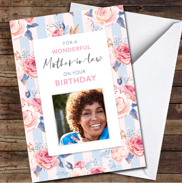 Mother-in-law Pretty Floral Rose Pink Blue Photo Personalised Birthday Card