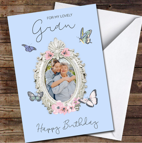 Lovely Gran Photo Frame Butterflies Blue Pretty Personalised Birthday Card