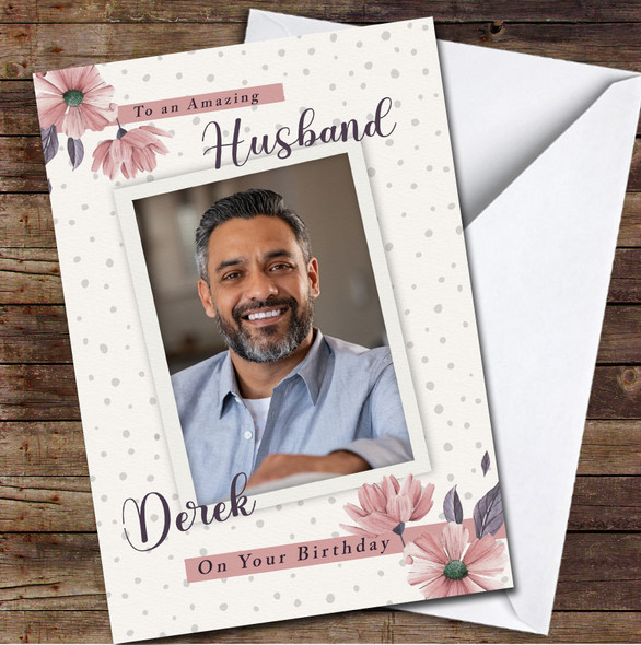 Husband Birthday Blush Pink Floral Photo Frame Personalised Birthday Card