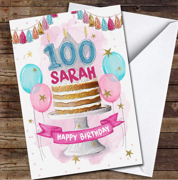 100th Hundred Sponge Cake Painted Party Balloons Personalised Birthday Card