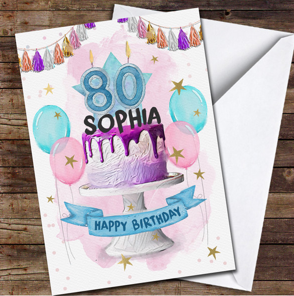 80th Eighty Birthday Purple Drip Cake Party Balloons Personalised Birthday Card