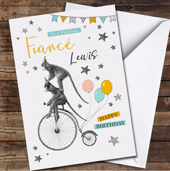 Fiancé Birthday Monkey On The Bike With Balloons Card Personalised Birthday Card
