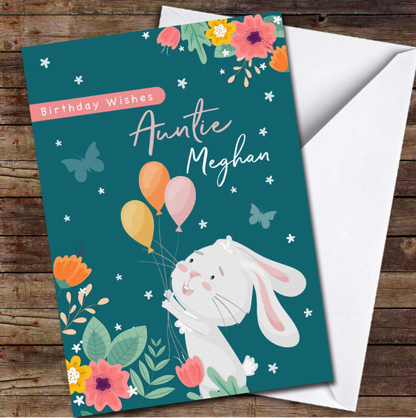Auntie Pink Cute Rabbit Holding Balloons Floral Teal Personalised Birthday Card