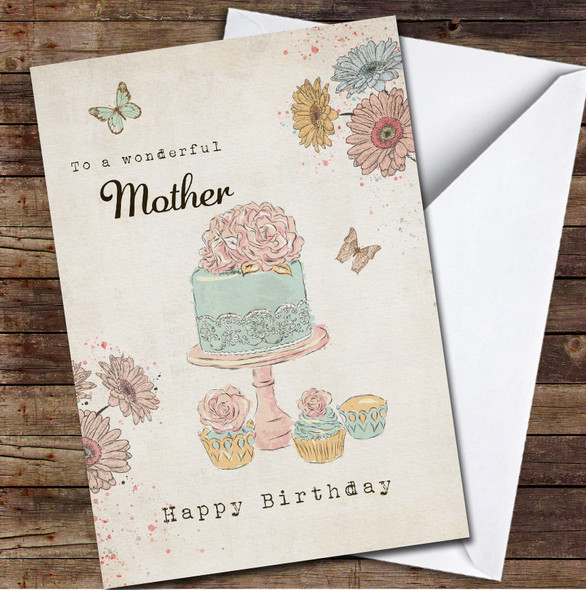 Retro Style Cake Illustration Wonderful Mother Happy Personalised Birthday Card