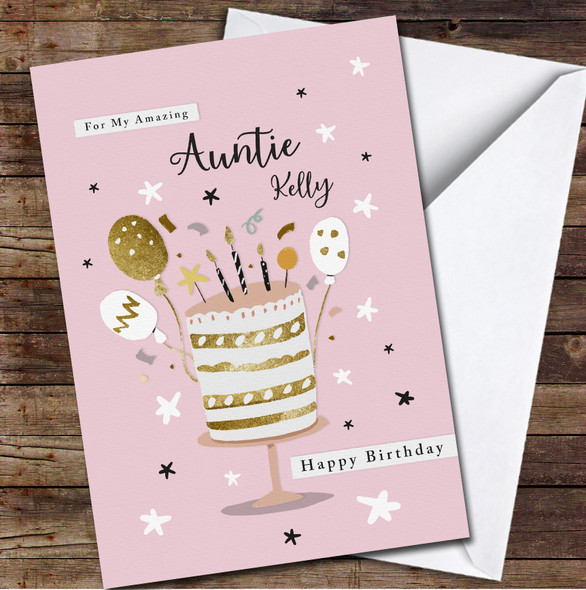 Pink Auntie Gold White Cake With Balloons & Candles Personalised Birthday Card