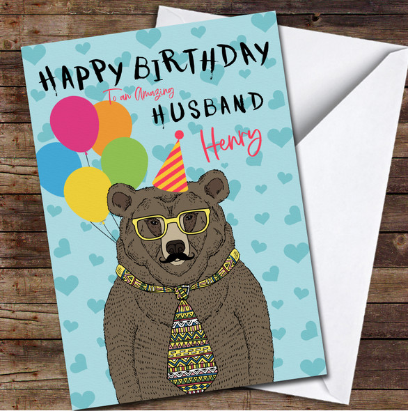 Husband Hipster Bear In Tie Glasses Moustache Blue Personalised Birthday Card