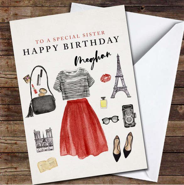 Sister Red Watercolour Paris Style Outfit Fashion Personalised Birthday Card