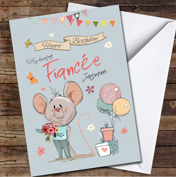 Fiancée Birthday Cute Mouse With Flowers Card Personalised Birthday Card