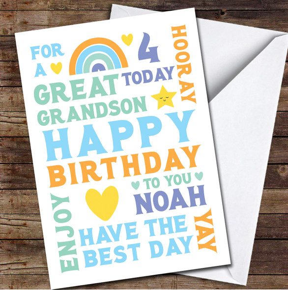 Great Grandson Happy Any Age Text Child Bright Personalised Birthday Card