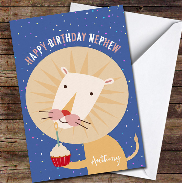 Blue Nephew Birthday Cute Lion With Cupcake Personalised Birthday Card