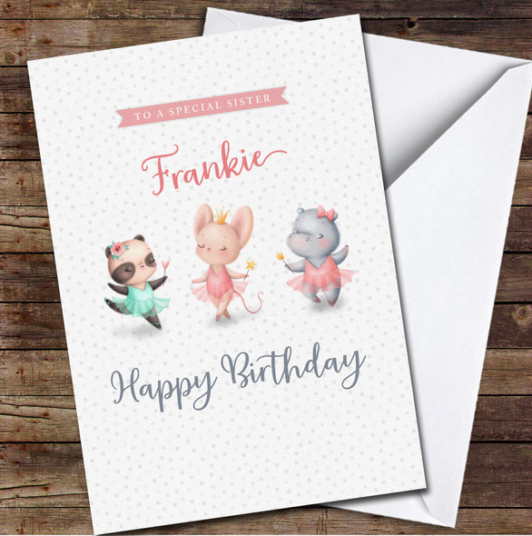 Sister Watercolour Cute Ballerina Mouse, Panda & Hippo Birthday Card