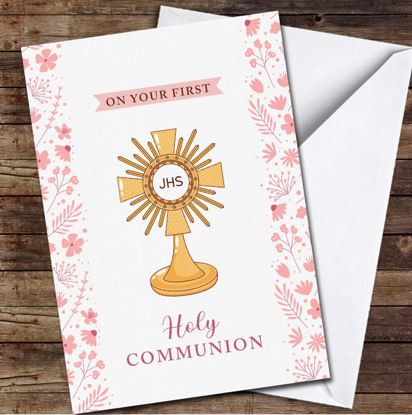 Pink Flowers Blessed Sacrament First Holy Communion Personalised Card