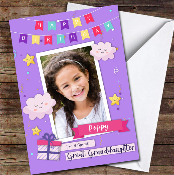 Great Granddaughter Purple Background Photo Frame Clouds And Stars Birthday Card