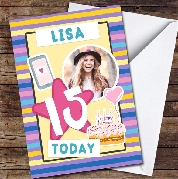 15th Girl Pattern Stripe Cake Photo Any Age Personalised Birthday Card