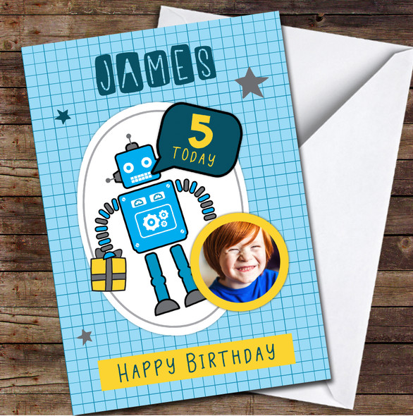 5th Boy Robot Photo Blue Yellow Gift Stars Any Age Personalised Birthday Card