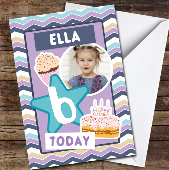 6th Girl Pattern Cake Purple Photo Any Age Personalised Birthday Card