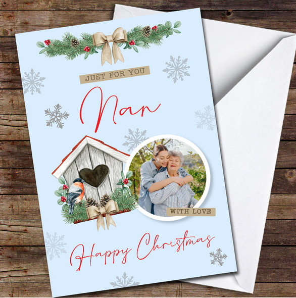 Nan Bird House Sweet Photo With Love Blue Any Text Personalised Christmas Card