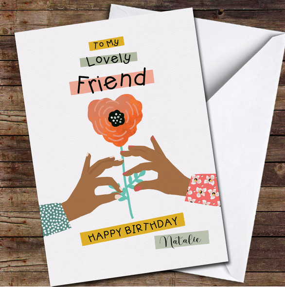 Friend Two Dark Skin Hands With Heart Flower Any Text Personalised Birthday Card