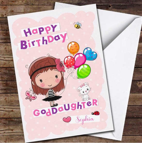 Goddaughter Cute Dark Brown Hair Girl Balloons Any Text Birthday Card