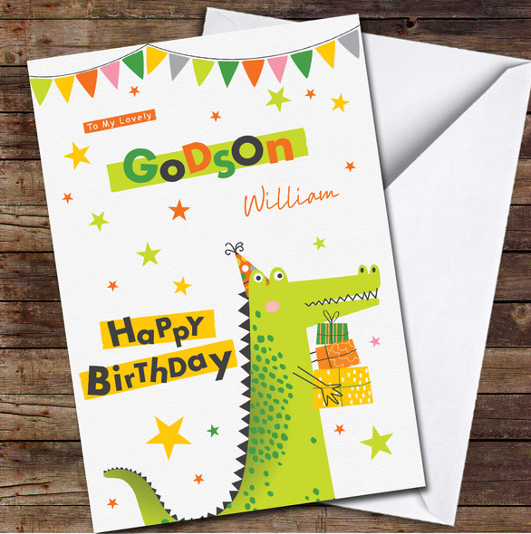 Godson Party Crocodile Holding Present Any Text Personalised Birthday Card