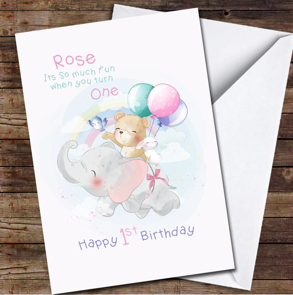 1st Baby Girl Cute Elephant Flying In The Sky With Bear And Rabbit Birthday Card