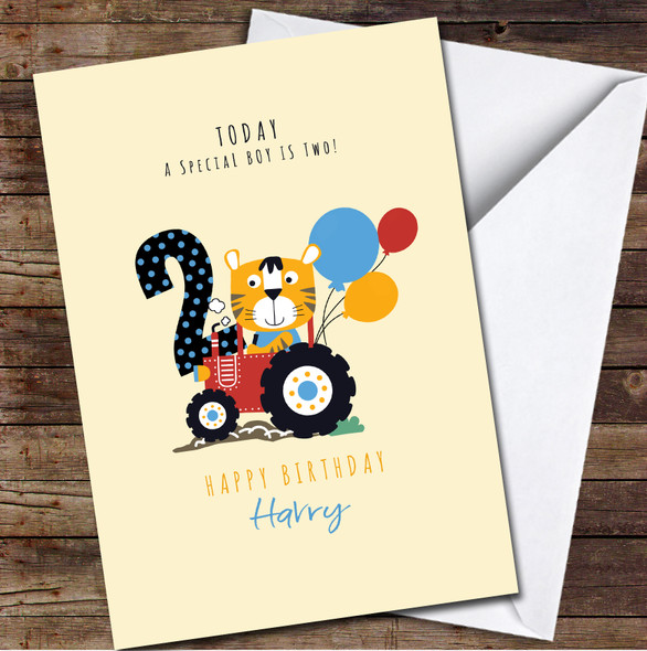 2nd Boy Cute Tiger Sitting In Tractor Any Age Personalised Birthday Card