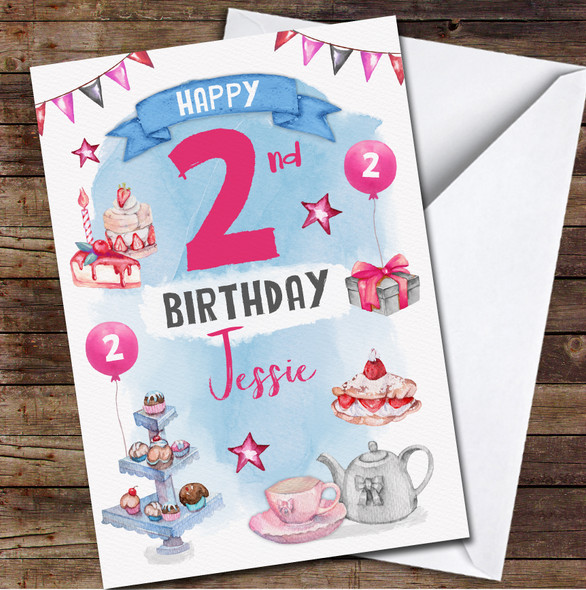 2nd Girl Female Tea Party Pink Blue Cake Gift Any Age Personalised Birthday Card