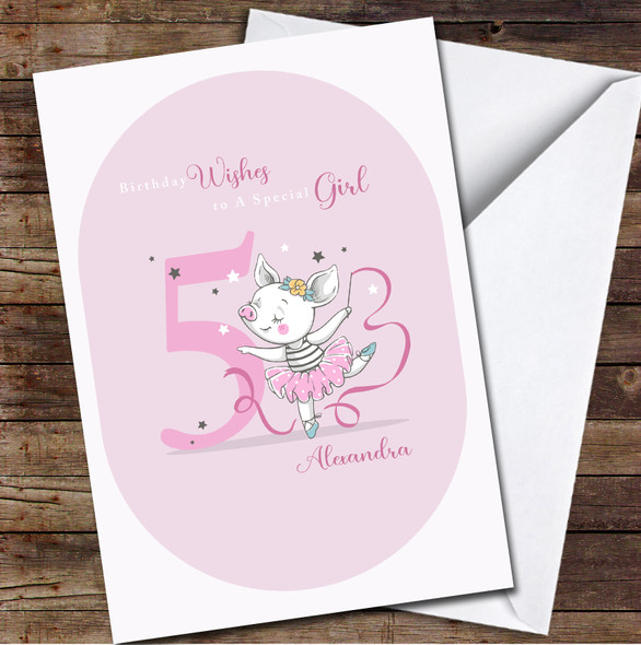 5th Girl Cute Piggy Ballerina Any Age Personalised Birthday Card