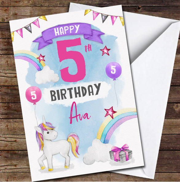 5th Girl Female Unicorn Rainbow Pink Purple Any Age Personalised Birthday Card
