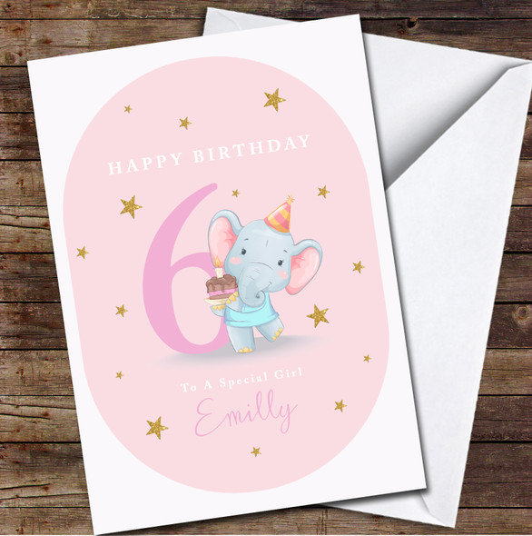 6th Girl Cute Little Elephant Holding Cake Any Age Personalised Birthday Card