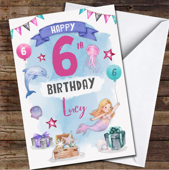 6th Girl Female Mermaid Pink Under the Sea Any Age Personalised Birthday Card