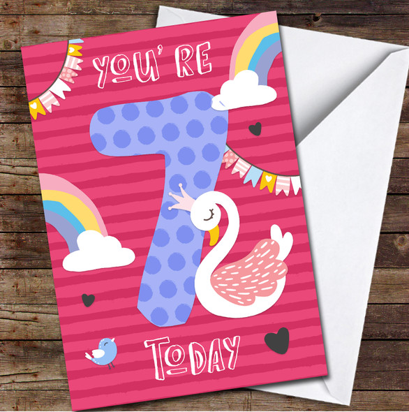 7th You're 7 Today Girl Swan 7th Any Age Personalised Birthday Card