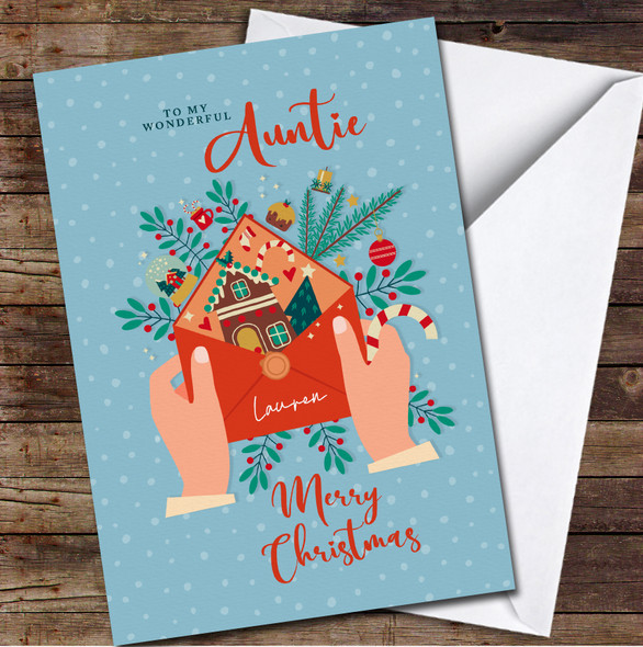 Auntie Christmas Hands Holding An Envelope Any Text Personalised Christmas Card