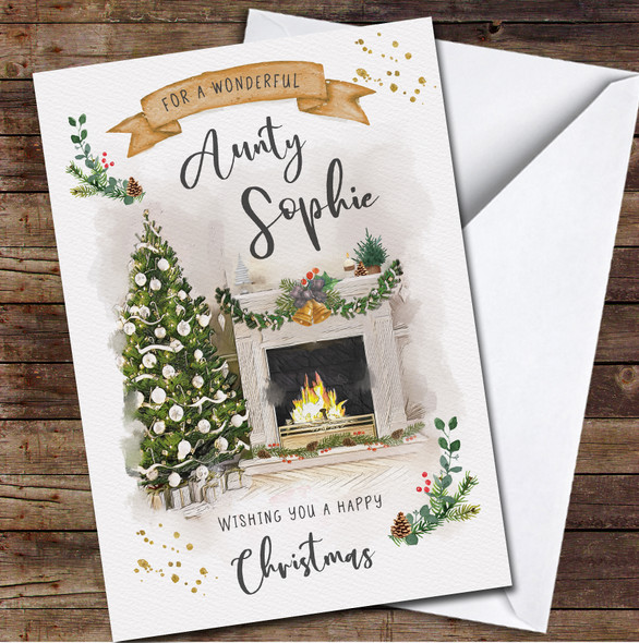 Aunty Fireplace Tree Scene Any Text Personalised Christmas Card