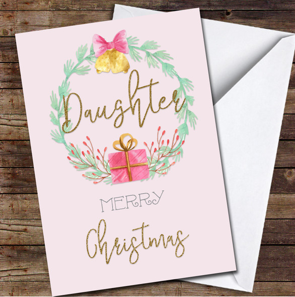 Daughter Merry Pink Wreath Gift Any Text Personalised Christmas Card