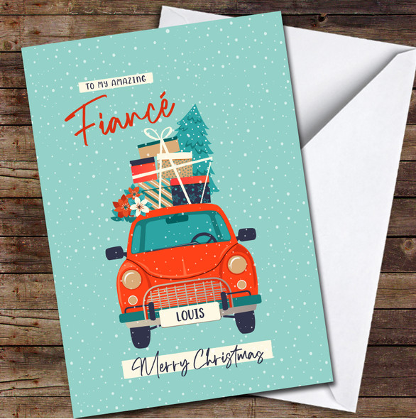 Fiancé Red Car With Presents Any Text Personalised Christmas Card