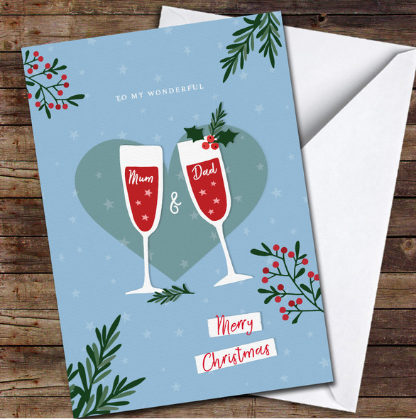 Mum & Dad Two Champagne Wine Glasses Any Text Personalised Christmas Card