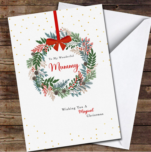 Mummy Wreath Gold Dots Any Text Personalised Christmas Card