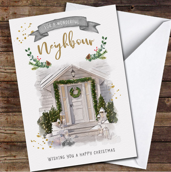 Neighbour Front Door Porch Winter Scene Any Text Personalised Christmas Card
