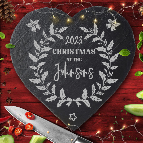 Holly Wreath Family Name Year Heart Personalised Christmas Slate Chopping Board