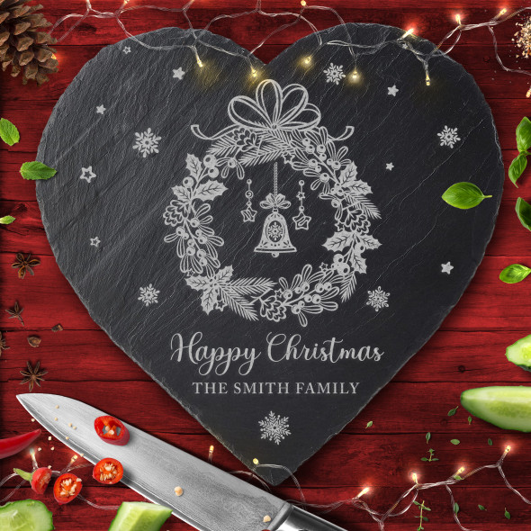Wreath Snowflakes Heart Any Text Personalised Christmas Slate Chopping Board