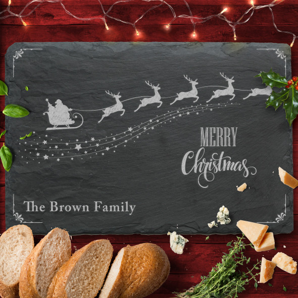 Santa Sleigh Any Text Rectangle Personalised Christmas Slate Cheese Board