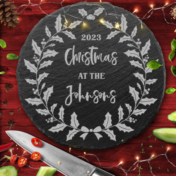 Wreath Any Text Round Personalised Engraved Christmas Slate Chopping Board