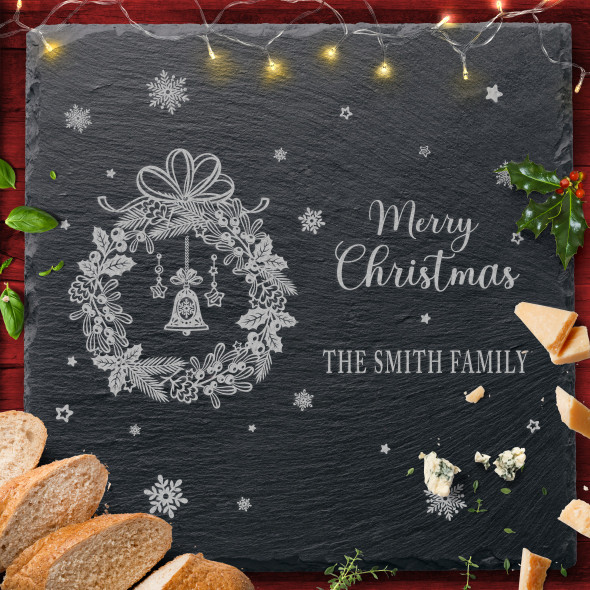 Wreath Snowflakes Square Any Text Personalised Christmas Slate Cheese Board