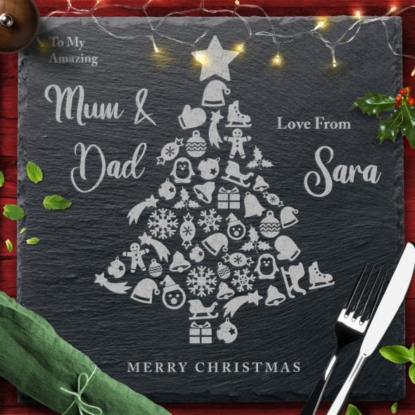 Any Names Or Message Xmas Square Personalised Engraved Christmas Slate Placemat