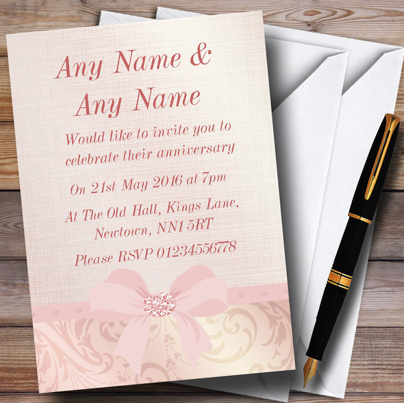 Pretty Pale Coral Pink Damask Bow Wedding Anniversary Party Customised Invitations