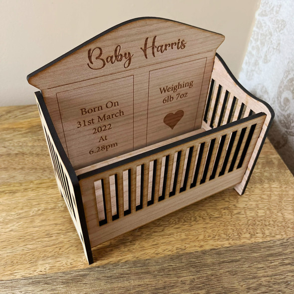 Personalised New Baby Gift Miniature Crib Wooden Engraved New Born Baby Cot