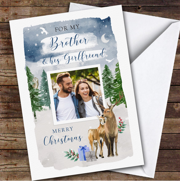 Brother & His Girlfriend Couple Deer Tree Photo Personalised Christmas Card